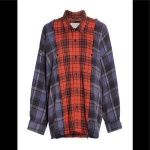 R13 BLUE & RED DROP NECK COMBO WORK SHIRT. Size Large